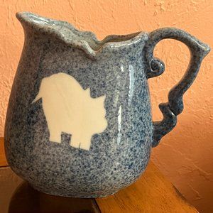 Vintage 90's Farmhouse Calico China Blue White Spongeware Pig Silhouette Pitcher